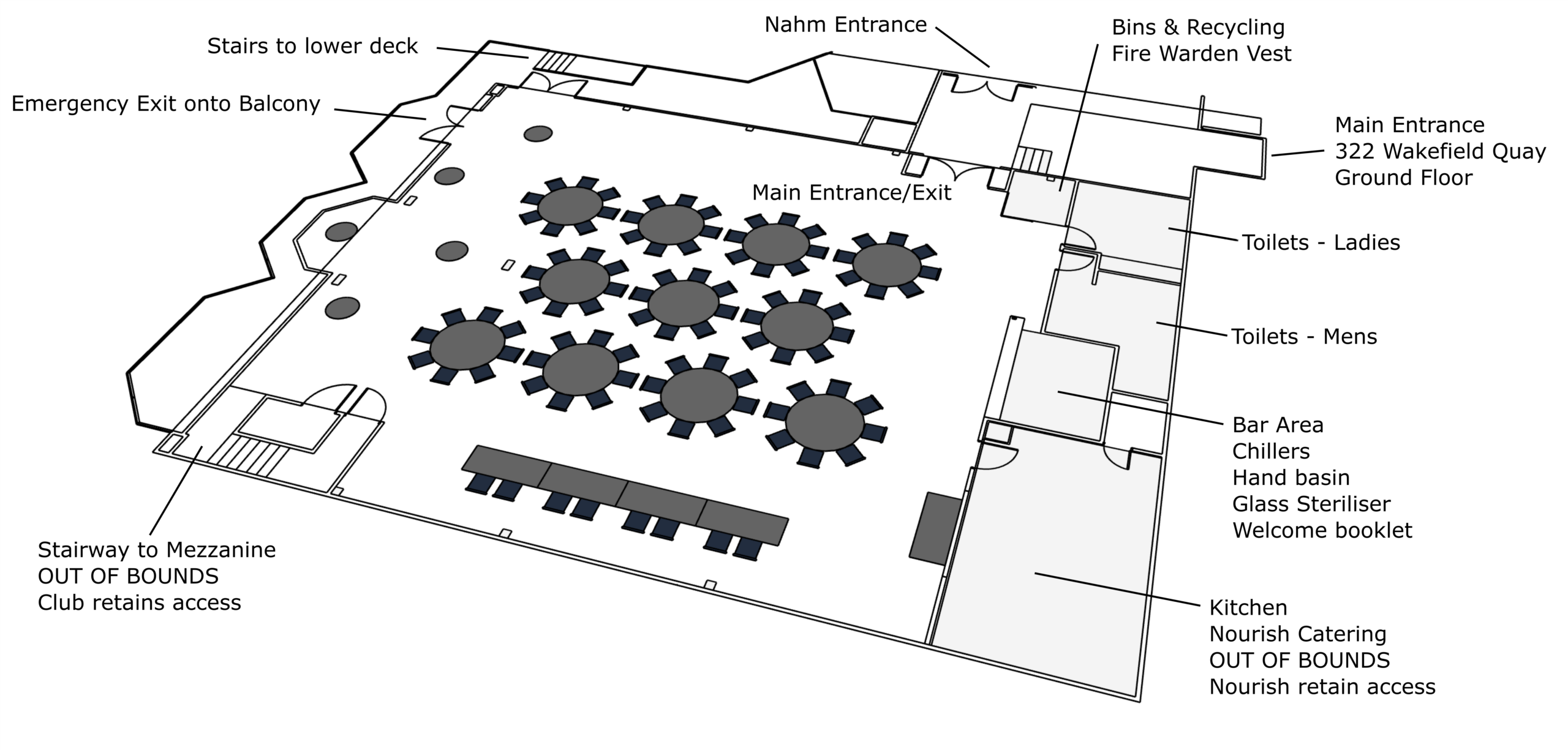 Example layout for a 96 person wedding in the Aurora Lounge at Nelson Yacht Club