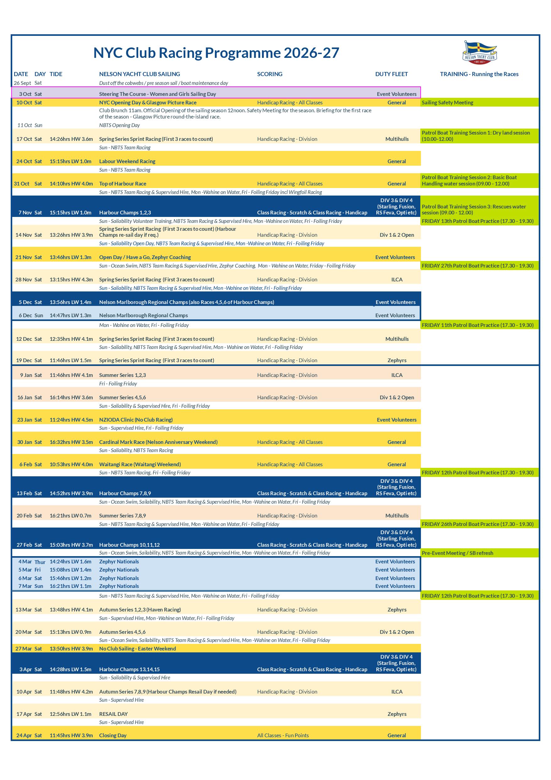NYC Club Racing Calendar 2026-27